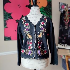 Vintage Victoria Jones Petite Women's Black Knit Holiday Cardigan Size M
